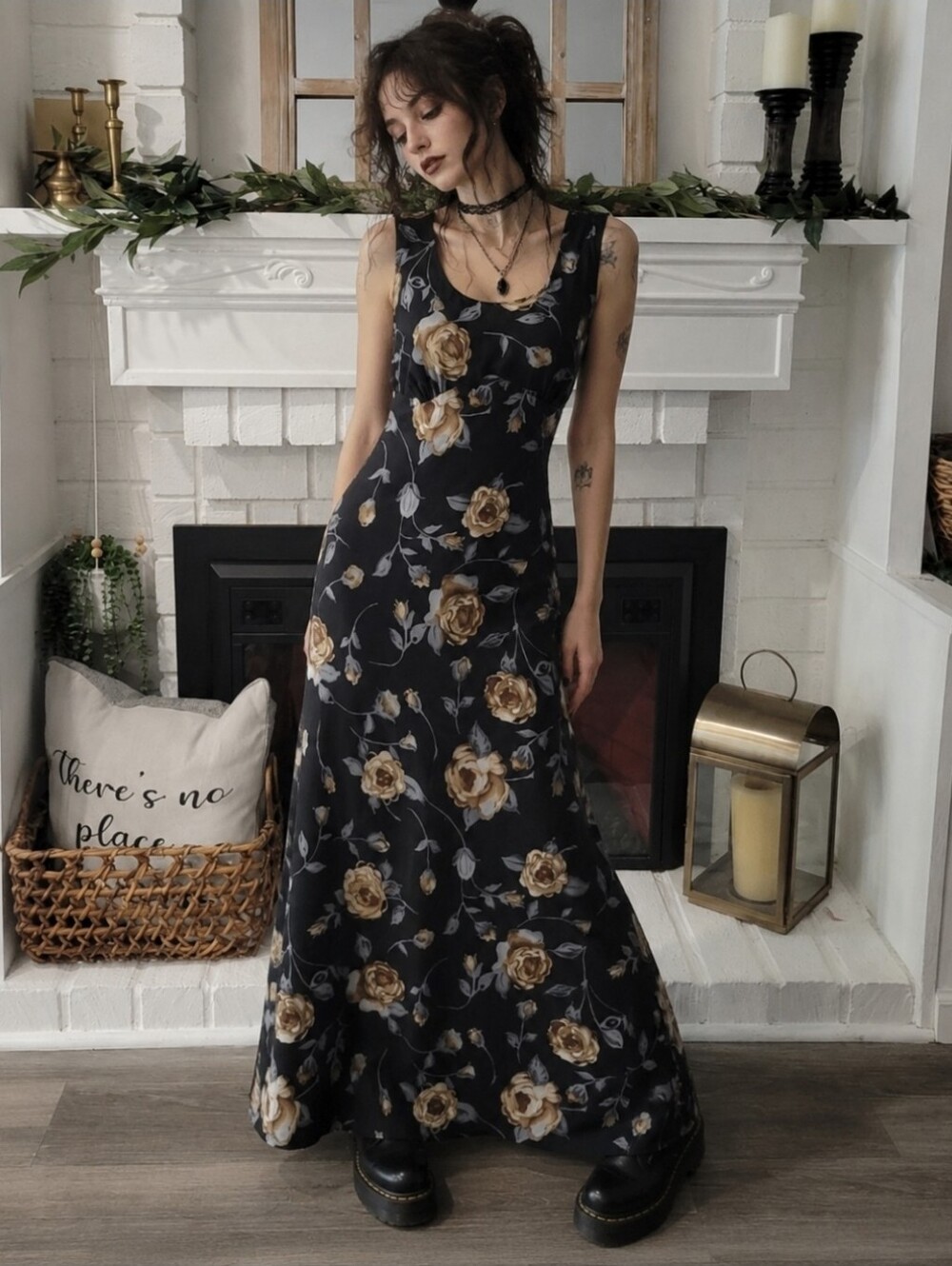 90s Grunge Black Floral Print Empire Bust Sleeveless Whimsigoth Maxi Dress S/3